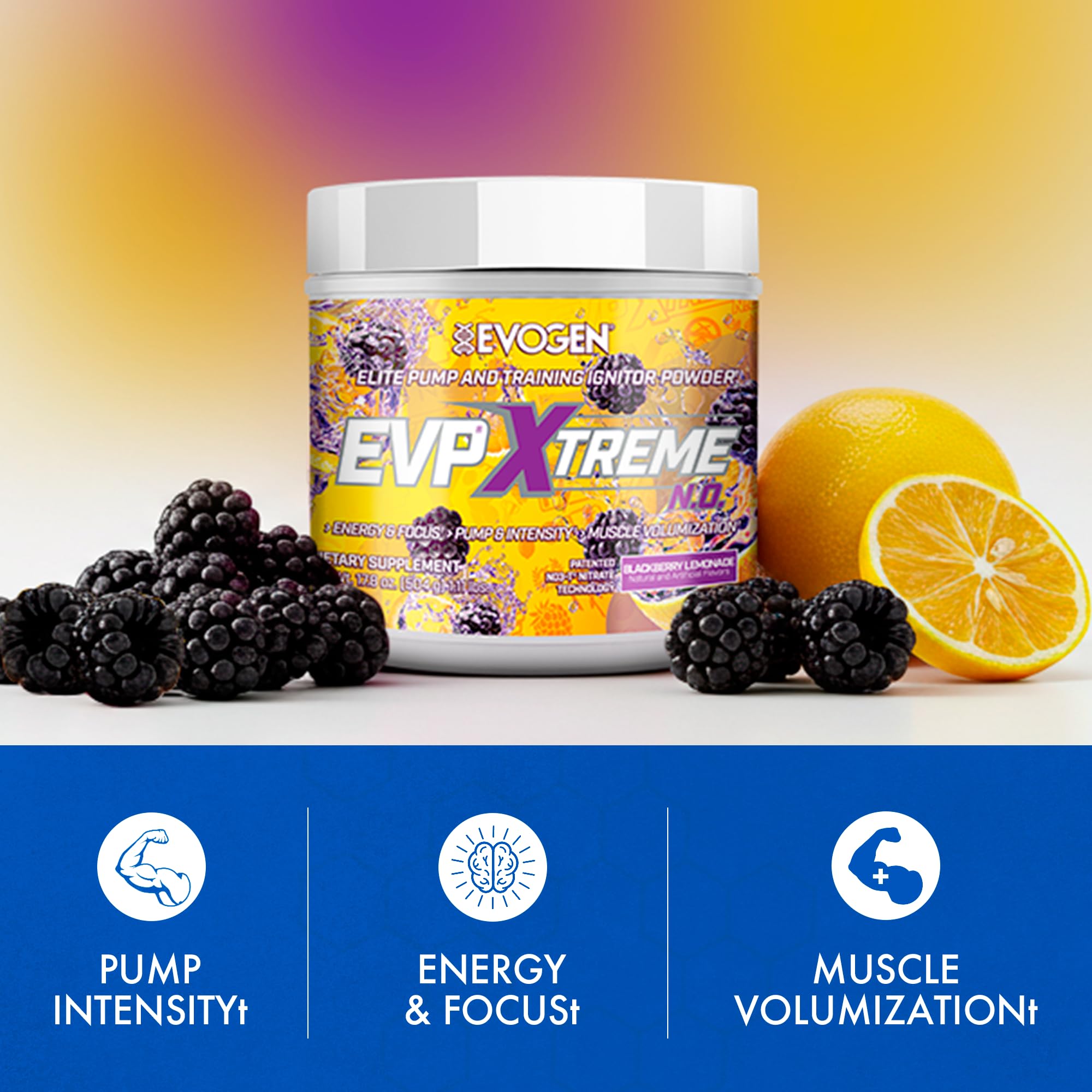Evogen EVP Xtreme NO ingredients icons highlight key NO3-T and citrulline.