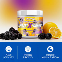 Evogen EVP Xtreme NO ingredients icons highlight key NO3-T and citrulline.