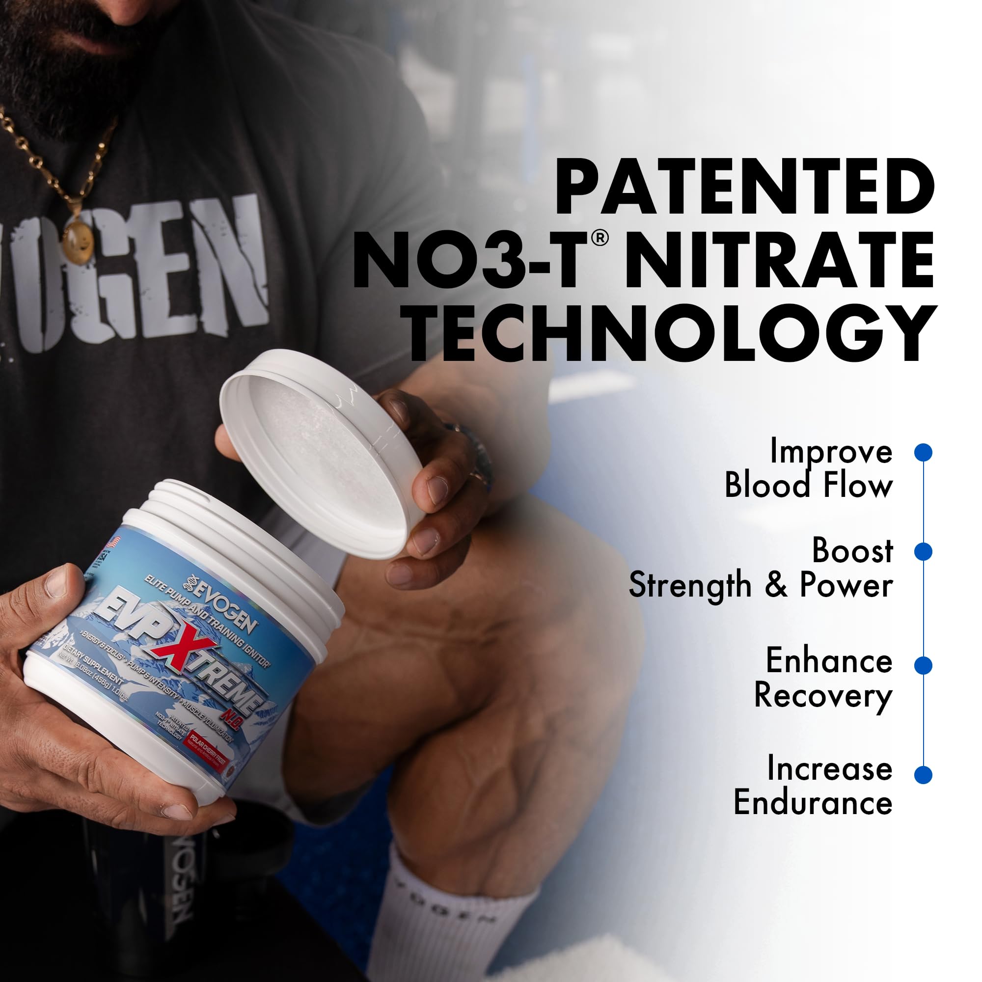 Close-up of Evogen label showing caffeine and sugar-free formula.