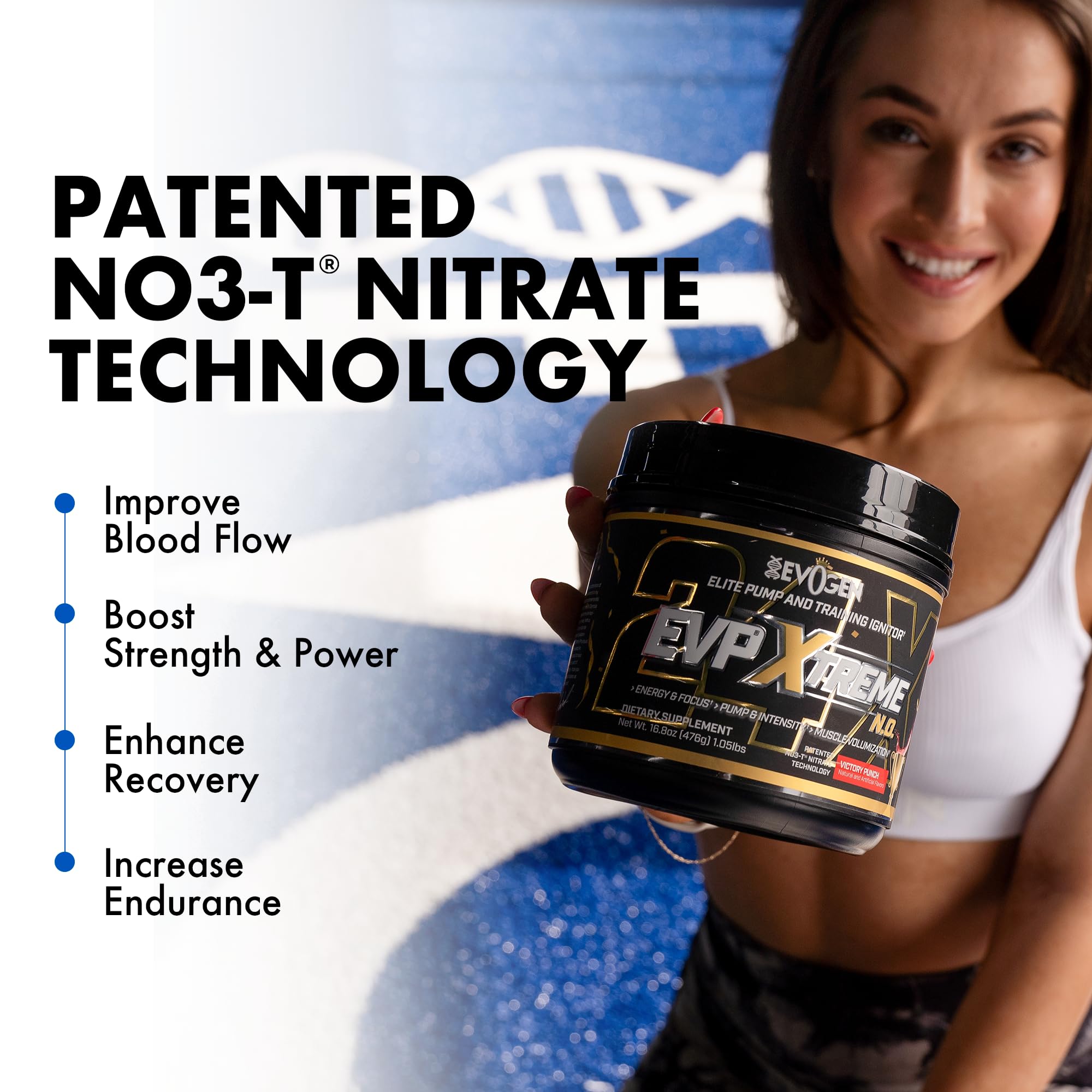 Close-up of Evogen EVP Xtreme NO label highlighting NO3-T and caffeine.