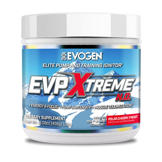 Evogen EVP Xtreme NO bottle highlighting pump-focused formula for workouts.