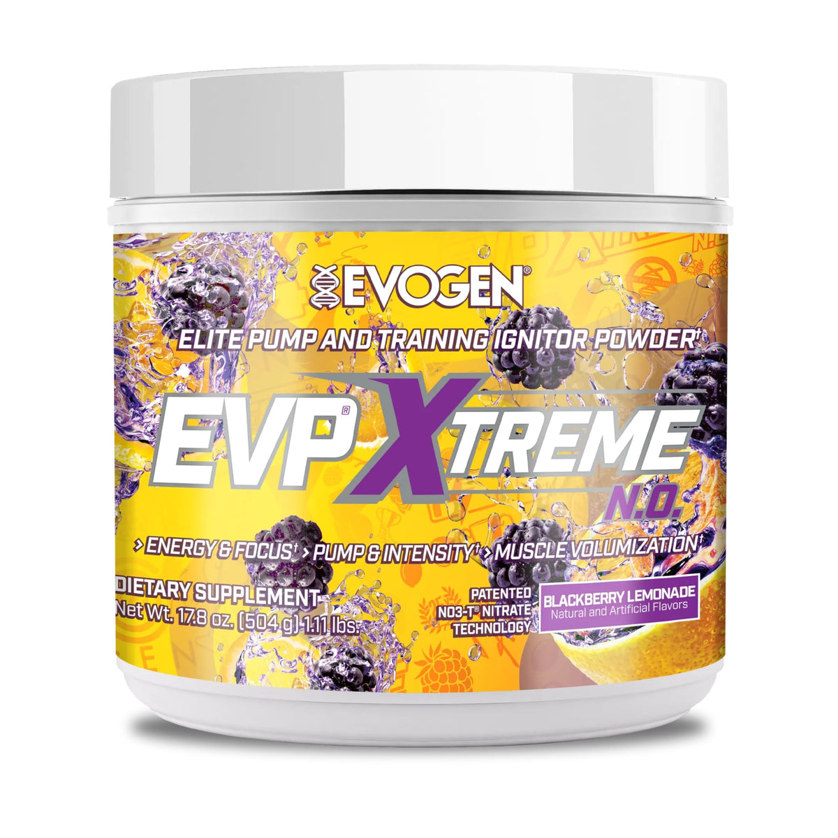 Evogen EVP Xtreme NO tub label for intense workouts and focus.