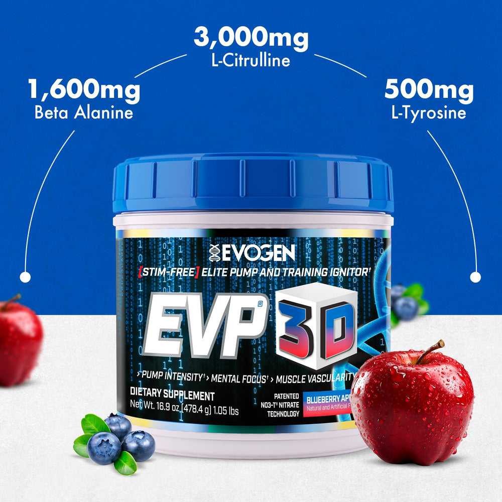 Evogen EVP3D beta-alanine powder scoop signals endurance support between sets.