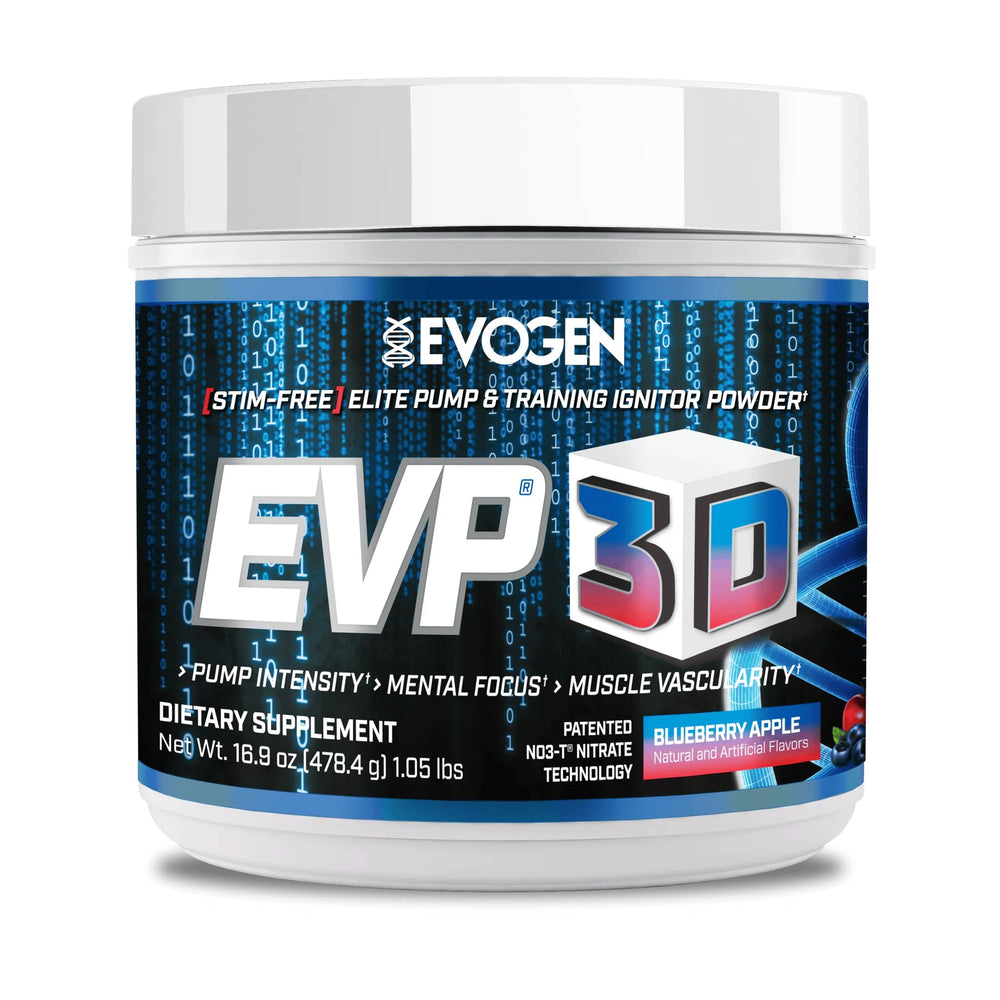 Evogen EVP3D blueberry-apple bottle shows a sugar-free pre-workout option for clean energy.