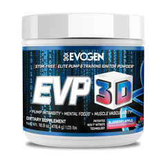 Evogen EVP3D blueberry-apple bottle shows a sugar-free pre-workout option for clean energy.