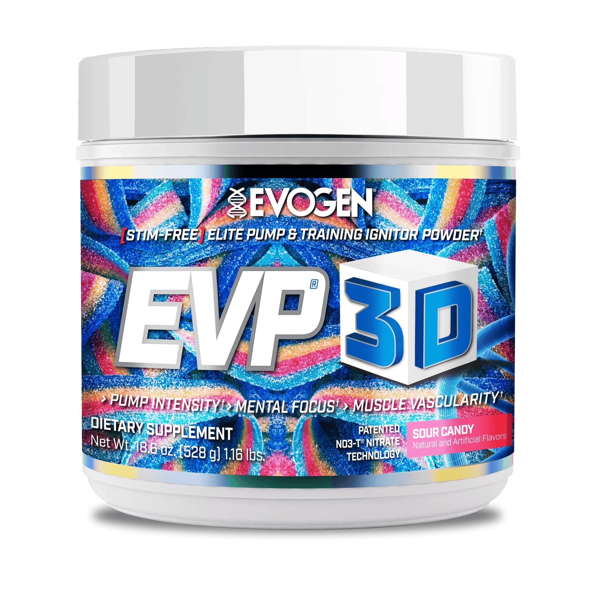 Evogen EVP3D front canister, stimulant-free pre-workout for focused training.