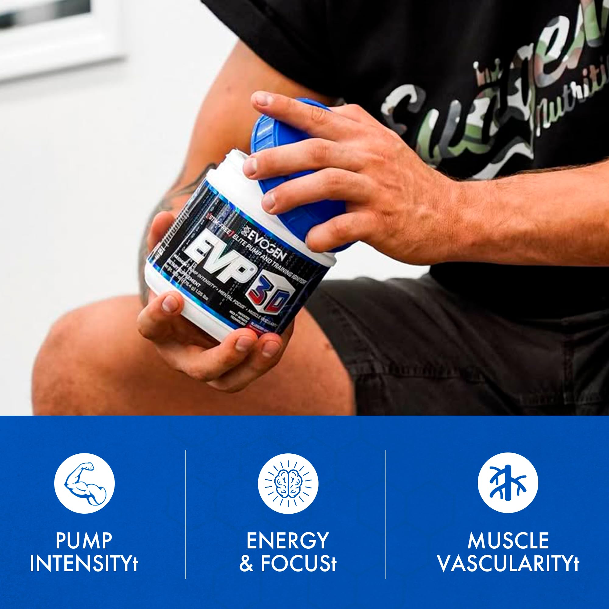 Evogen EVP3D container emphasizes L-Citrulline for nitric oxide support and stamina.