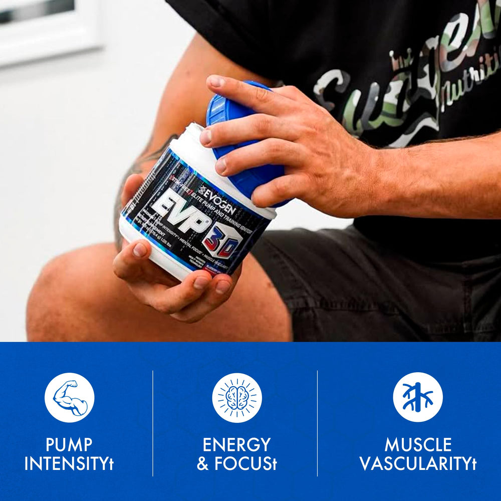 Evogen EVP3D container emphasizes L-Citrulline for nitric oxide support and stamina.