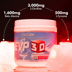 Evogen EVP 3D powder being poured into a shaker for quick pre-workout mix