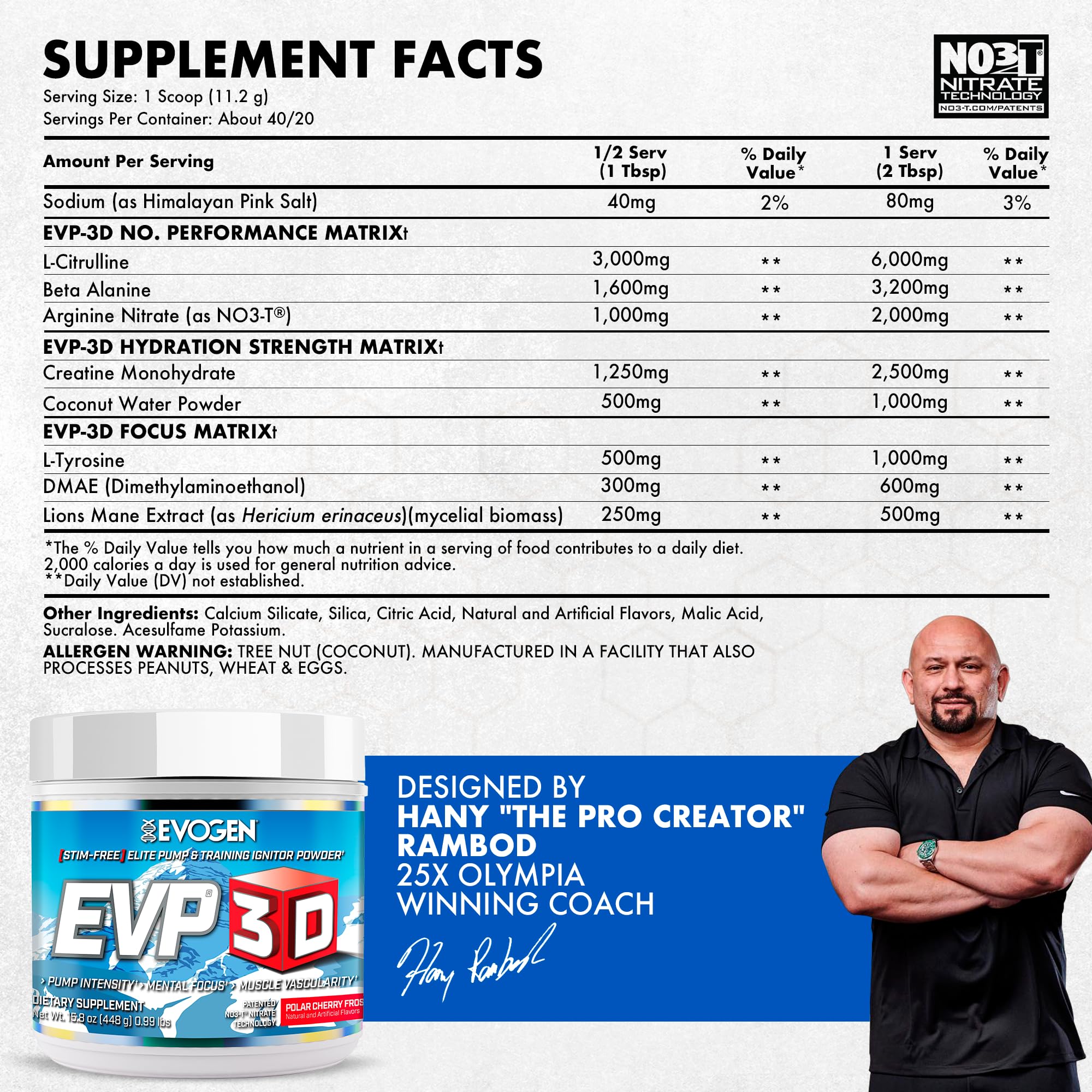 Evogen EVP 3D tub side label shows ingredients and Polar Cherry Frost flavor