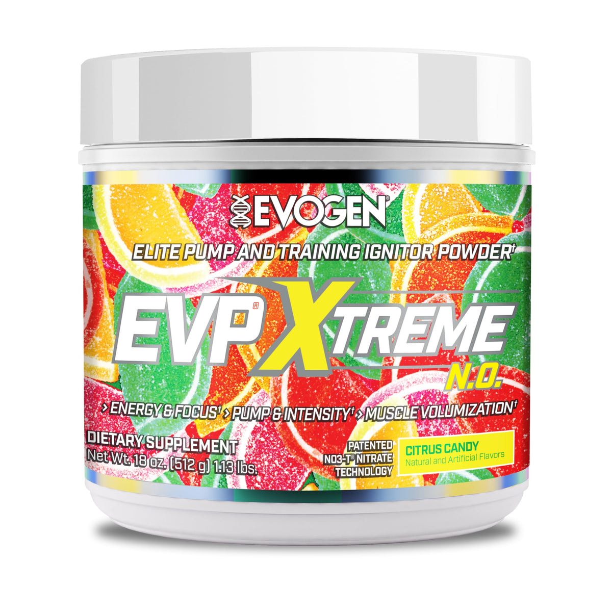 Evogen EVP Xtreme NO bottle front label shows a sugar-free pre-workout formula for clean energy.