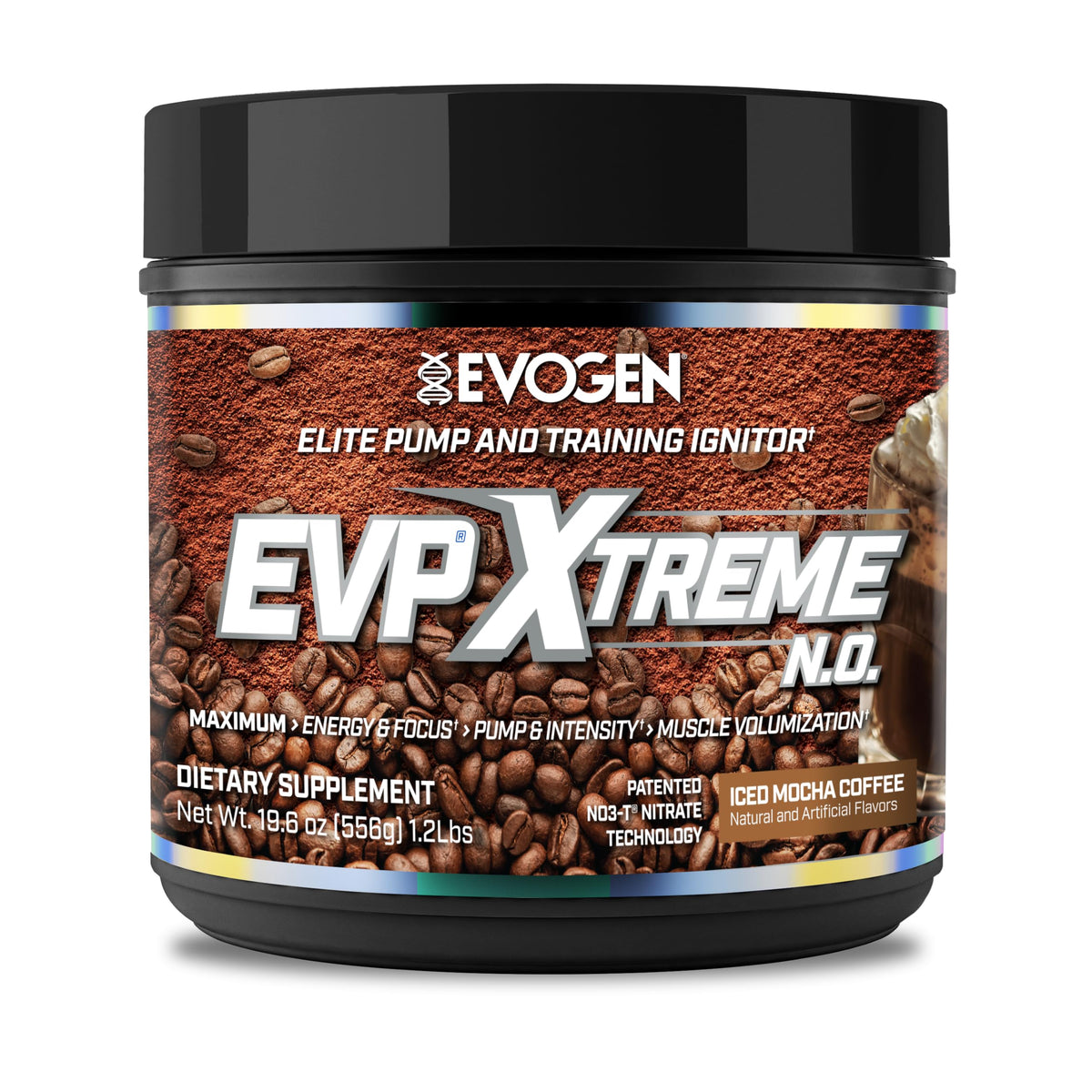 Evogen EVP Xtreme NO canister on shelf, ready to fuel intense workouts and pumps.