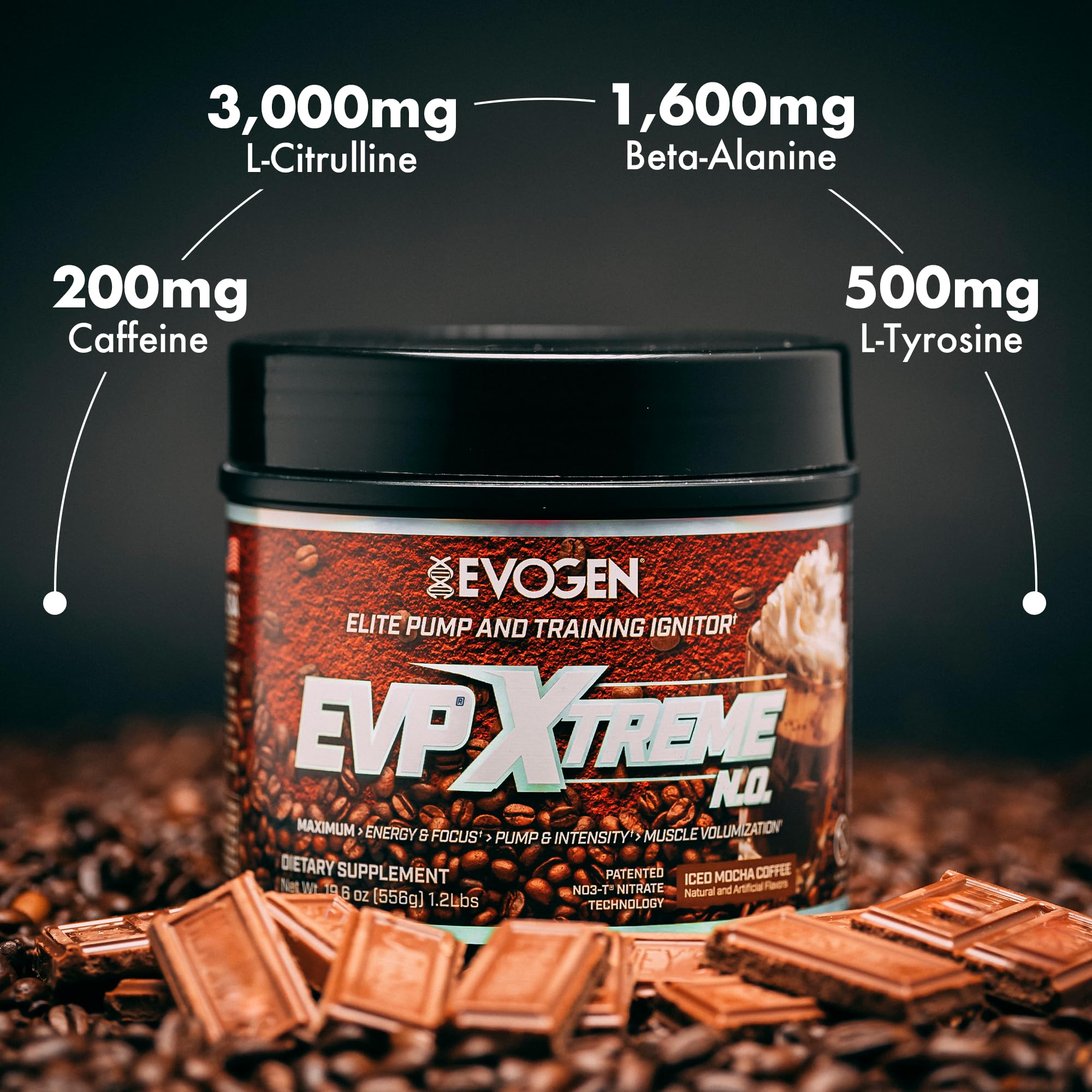 Evogen EVP Xtreme NO ingredient visual shows citrulline for training pumps.