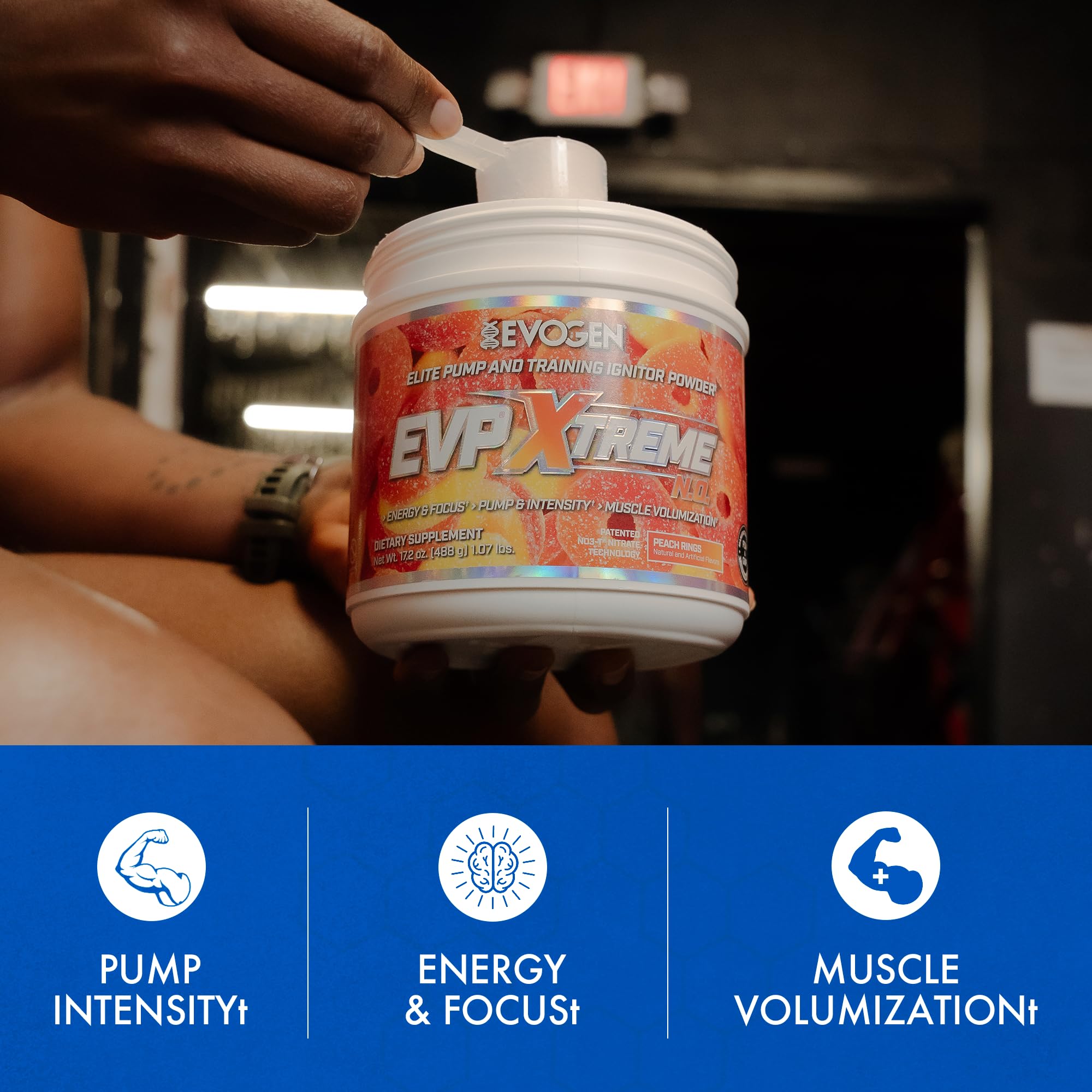 Evogen EVP Xtreme NO nutrition facts panel shown for clear ingredient information.