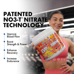 Evogen EVP Xtreme NO Peach Rings label on bottle, conveying flavor and high-performance formula.
