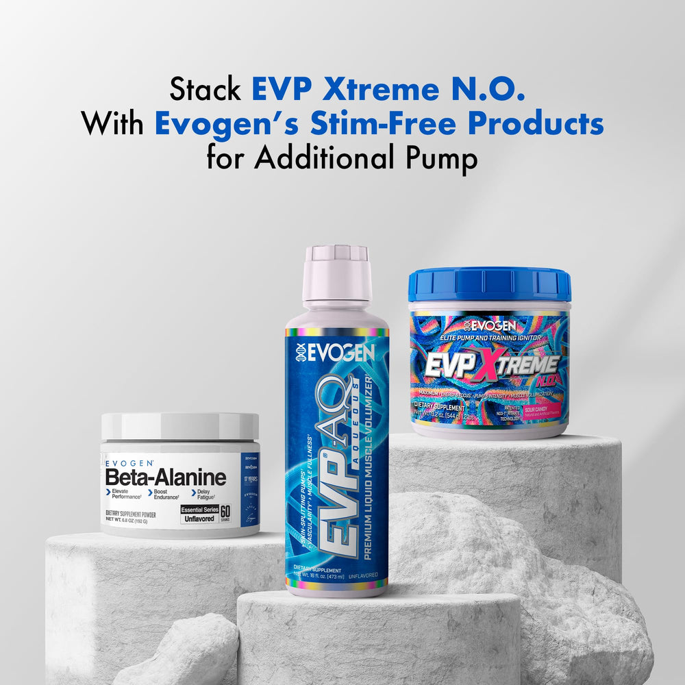 Evogen EVP Xtreme NO pouch displaying ingredients for caffeine and beta alanine.
