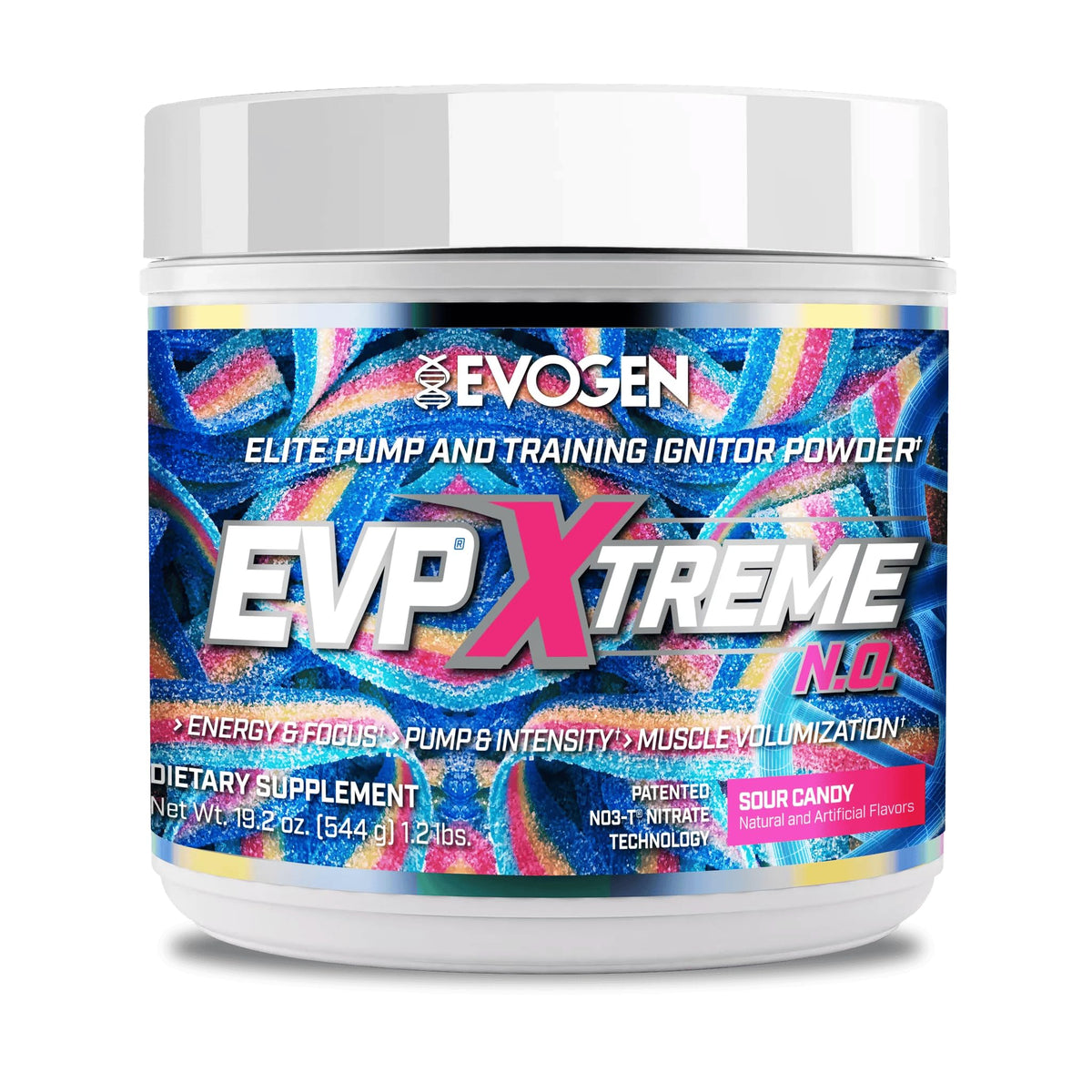Evogen EVP Xtreme NO tub front showing Sour Candy flavor for energy and pump.