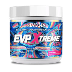 Evogen EVP Xtreme NO tub front showing Sour Candy flavor for energy and pump.