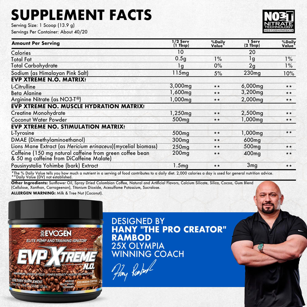 Evogen EVP Xtreme NO iced mocha powder scoop ready to boost focus and energy.