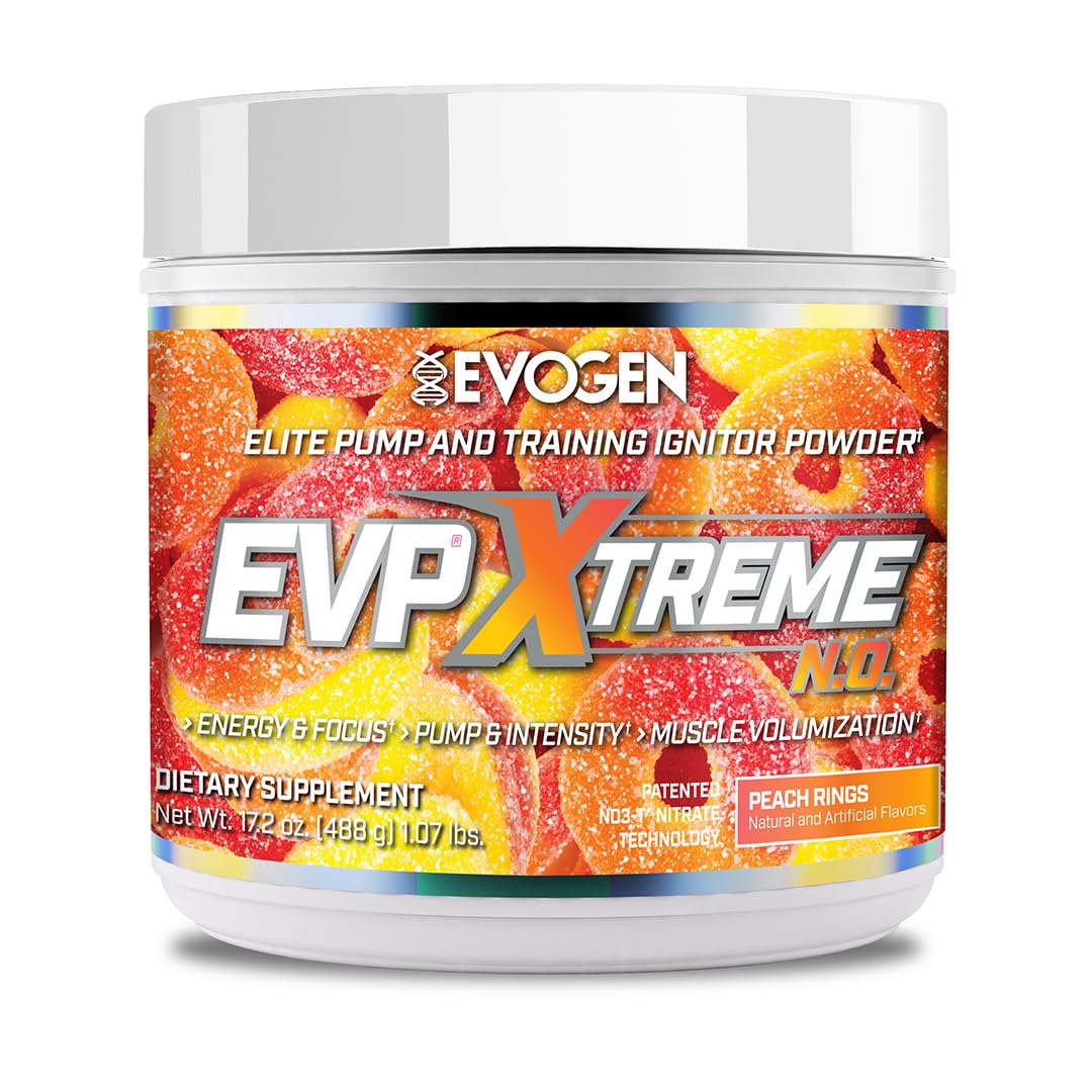 Evogen EVP Xtreme NO tub closeup highlighting Peach Rings flavor for intense workouts.