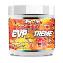 Evogen EVP Xtreme NO tub closeup highlighting Peach Rings flavor for intense workouts.