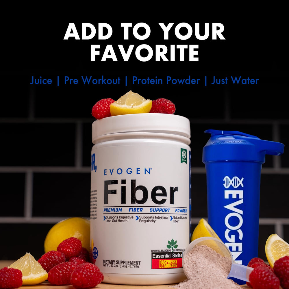 Evogen Fiber glass shows a ready-to-drink raspberry lemonade option.