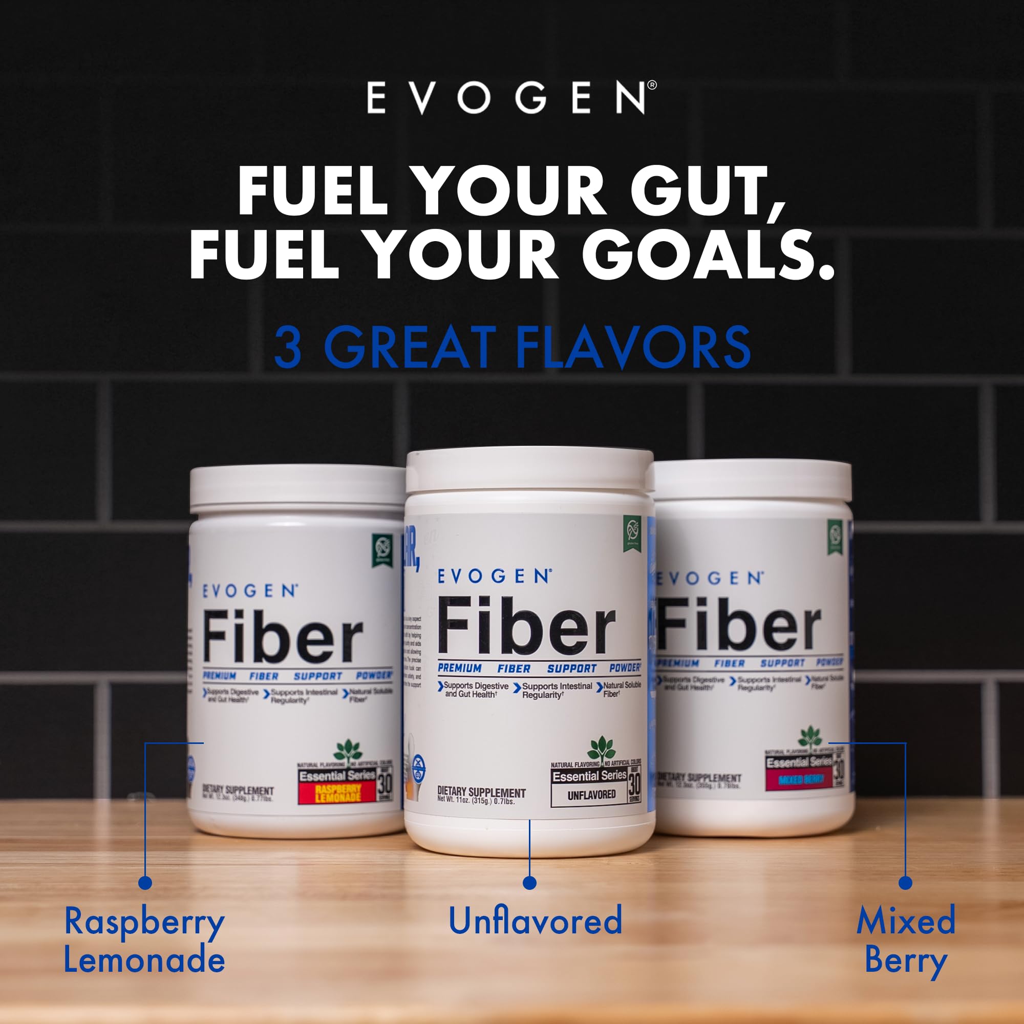Evogen Fiber on the kitchen counter beside fresh fruit