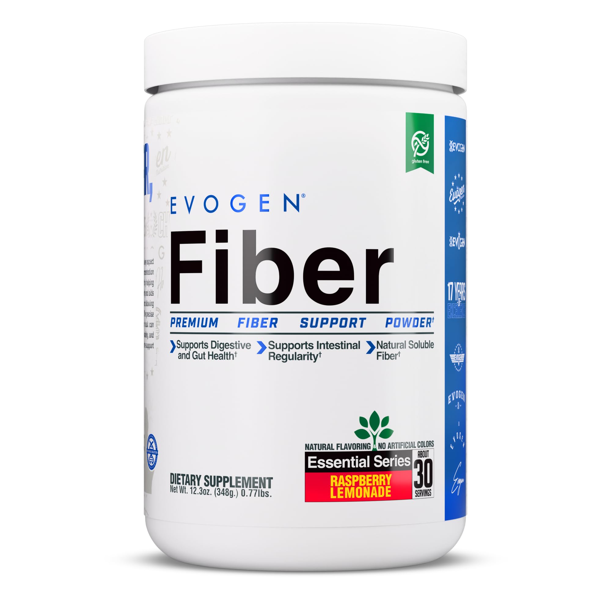 Evogen Fiber tub label with raspberry lemonade flavor for daily gut health support.