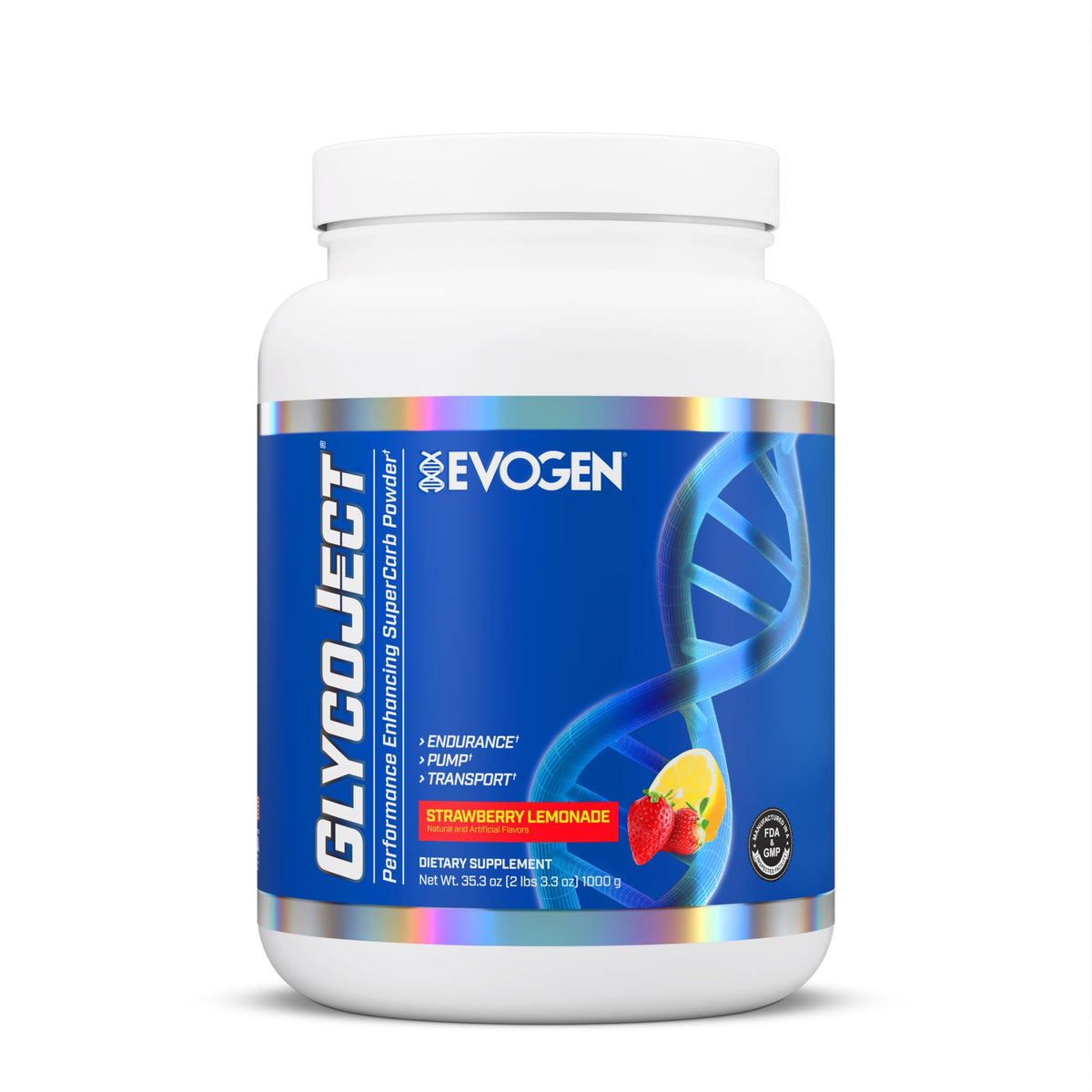 Evogen GlycoJect jar showing Karbolyn Super Carb for fast energy and glycogen support.