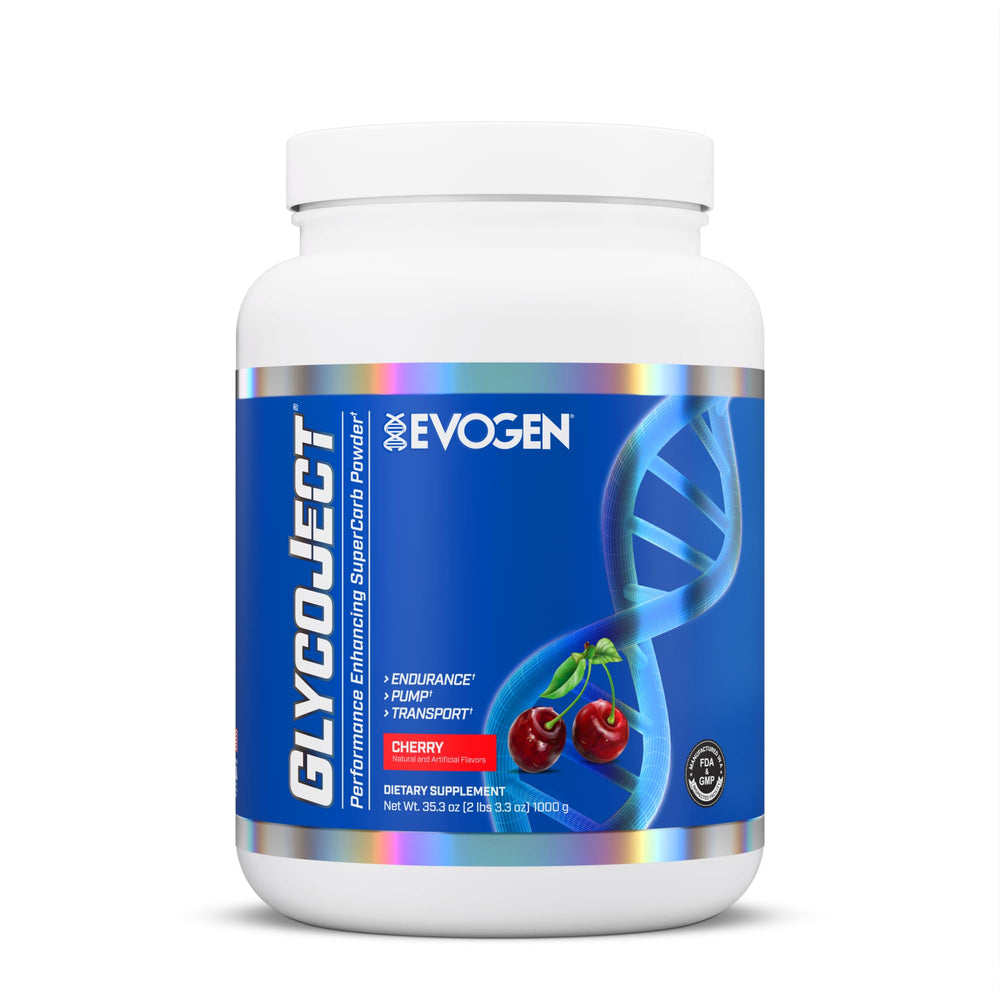 Evogen GlycoJect tub front view highlighting fast energy for workouts