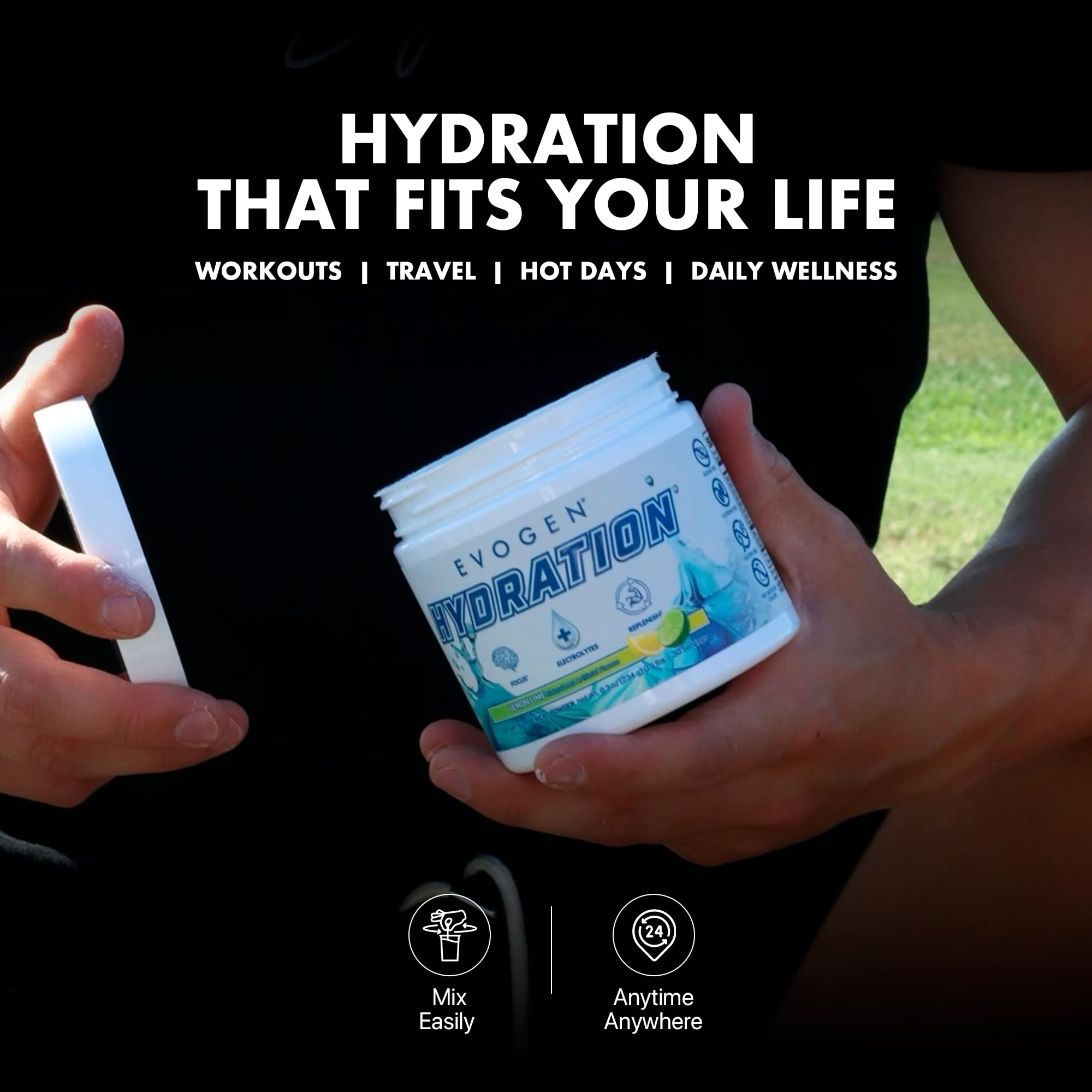 Bottle pouring Evogen Hydration after intense workout session.