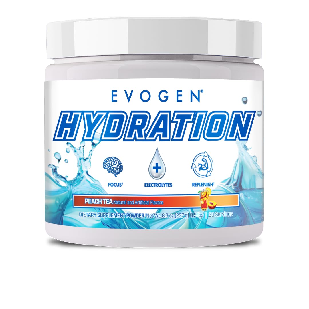 Evogen Hydration Peach Tea bottle with sugar-free electrolyte blend for workouts.
