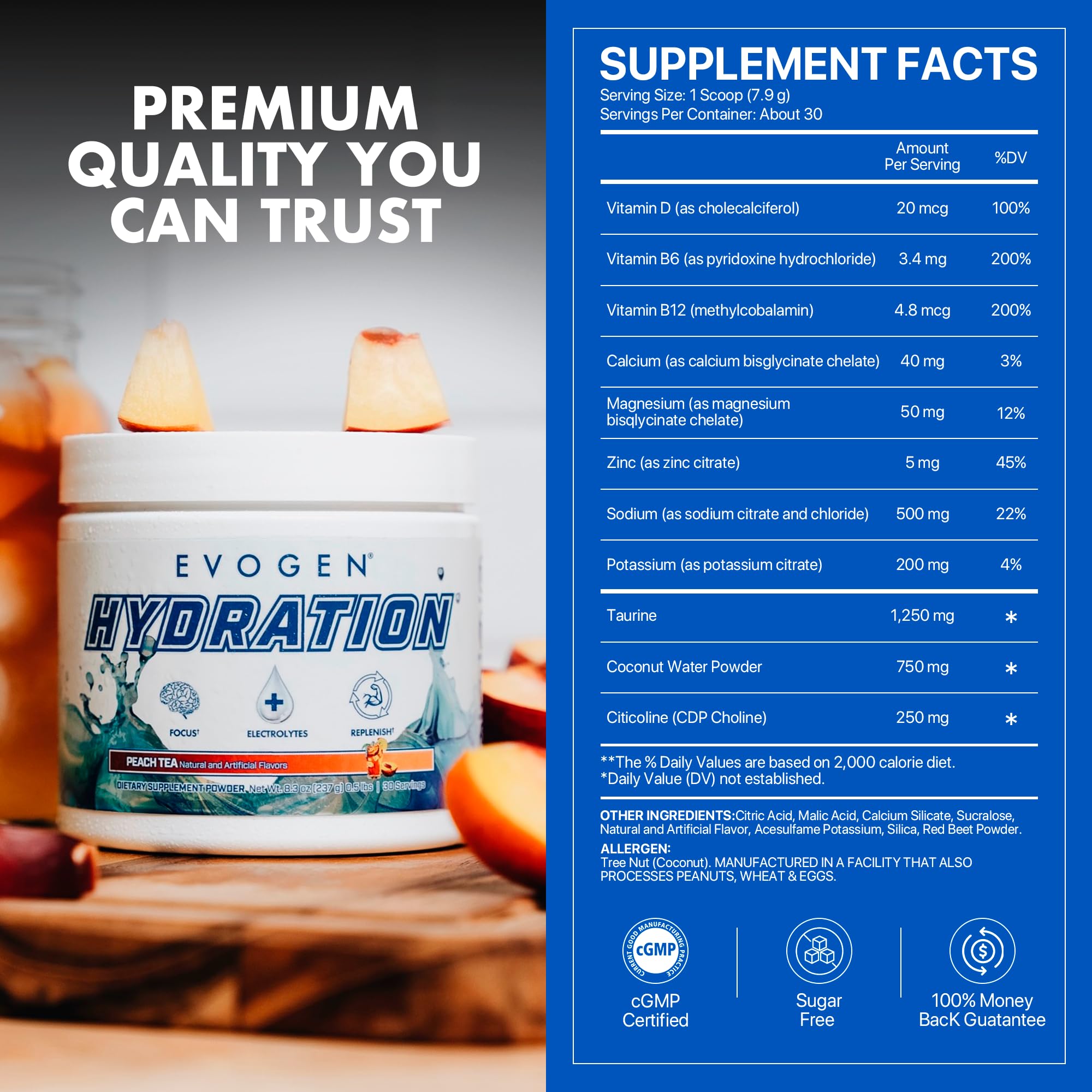 Label info panel notes sugar-free formula and electrolyte blend.