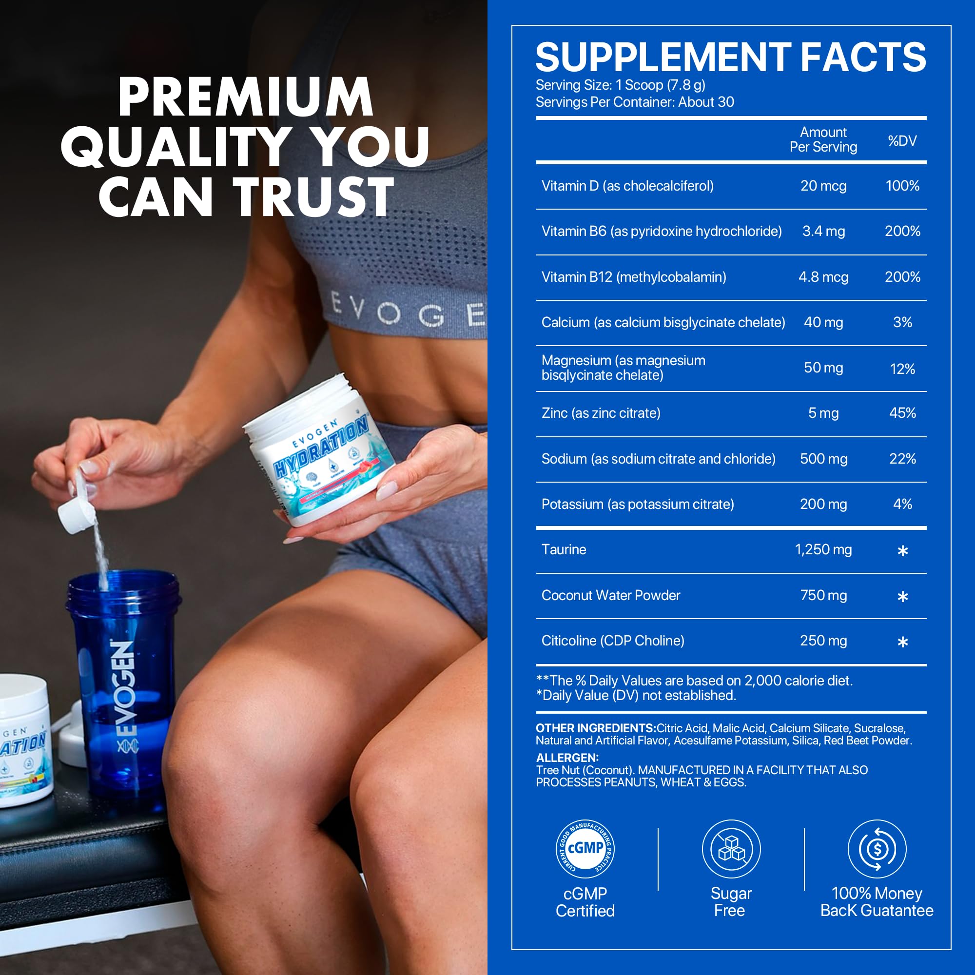 Evogen Hydration electrolyte closeup emphasizes potassium, sodium, magnesium for balance.