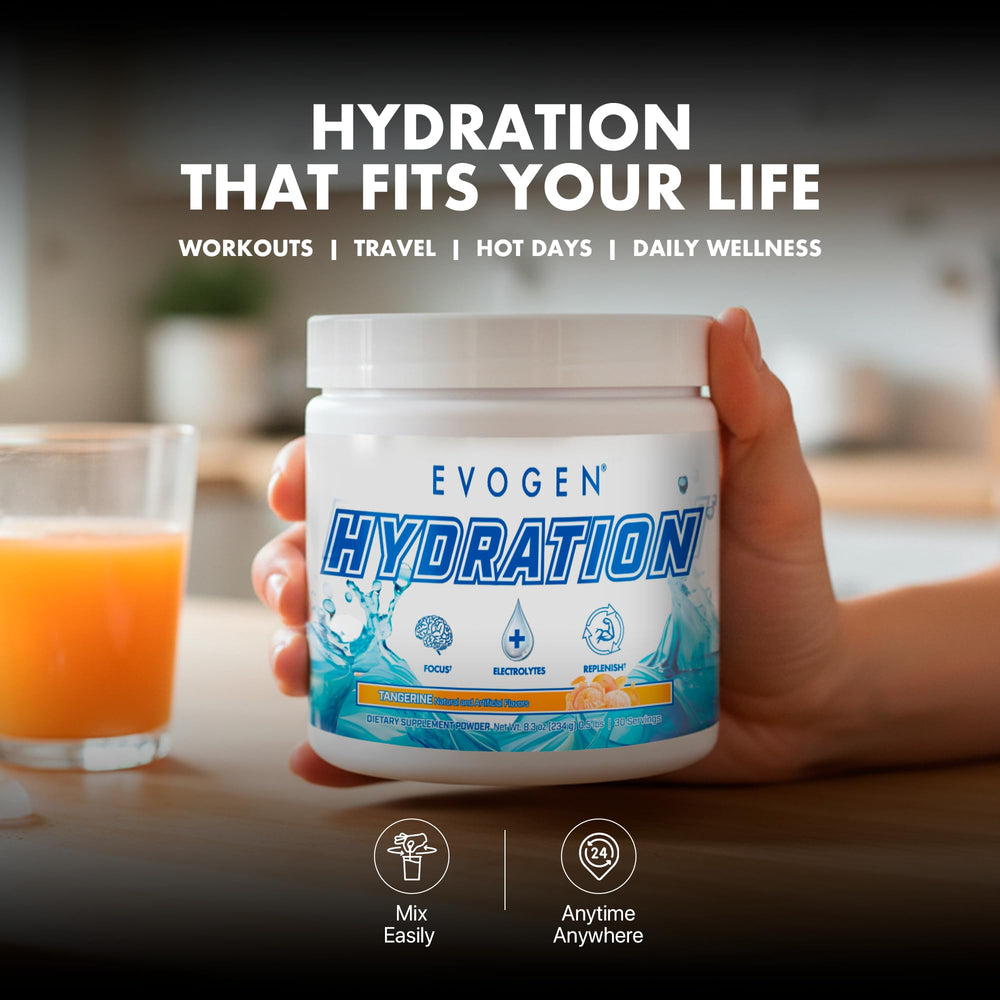 Evogen Hydration packaging close-up showing Tangerine flavor and serving size