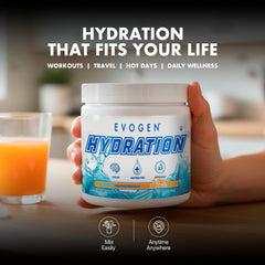 Evogen Hydration packaging close-up showing Tangerine flavor and serving size