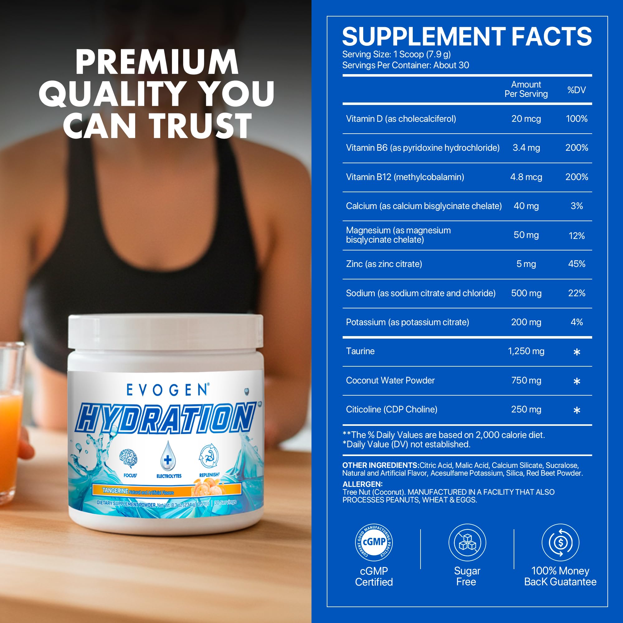 Evogen Hydration taurine and B vitamins ingredient close-up for energy support