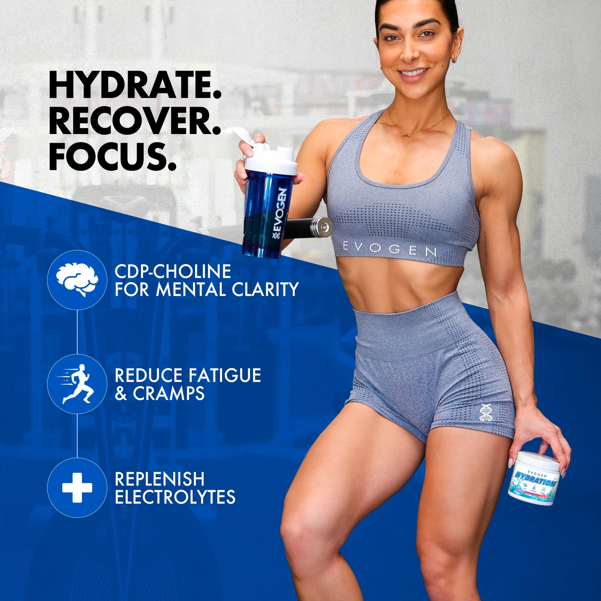 Evogen Hydration taurine and B vitamins image highlights energy-supporting ingredients.