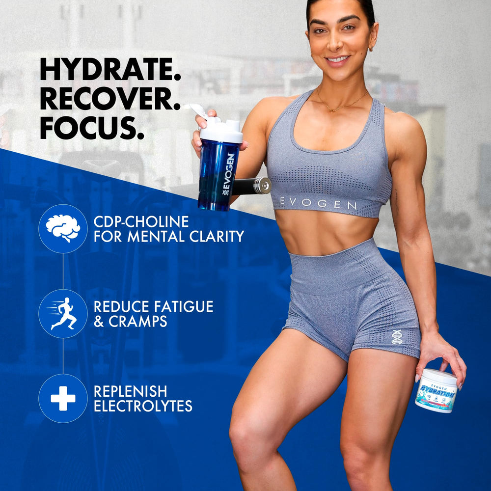 Evogen Hydration taurine and B vitamins image highlights energy-supporting ingredients.