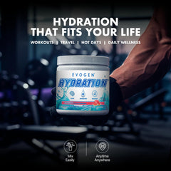 Evogen Hydration travel pack shows on-the-go hydration with keto-friendly formula.