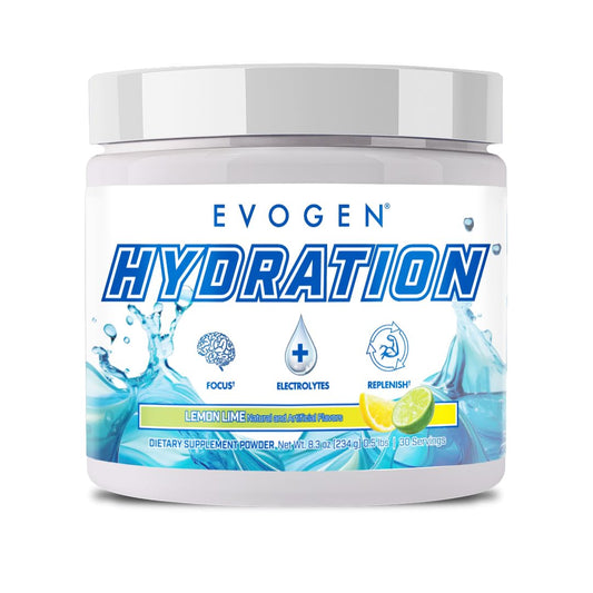Evogen Hydration tub with lemon-lime flavor highlighting balanced electrolytes for hydration.