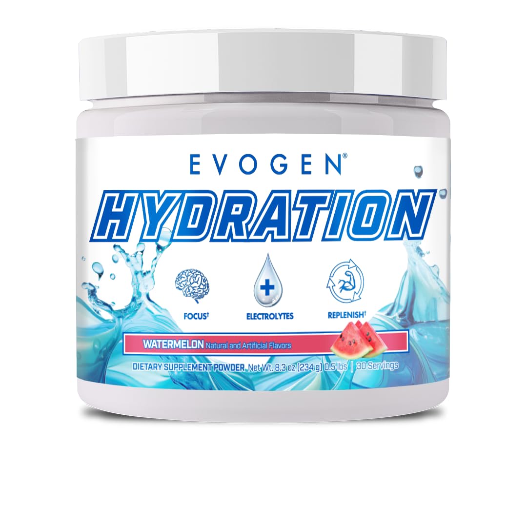 Evogen Hydration Watermelon powder bottle for quick, tasty hydration on workouts.
