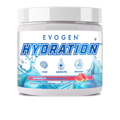 Evogen Hydration Watermelon powder bottle for quick, tasty hydration on workouts.