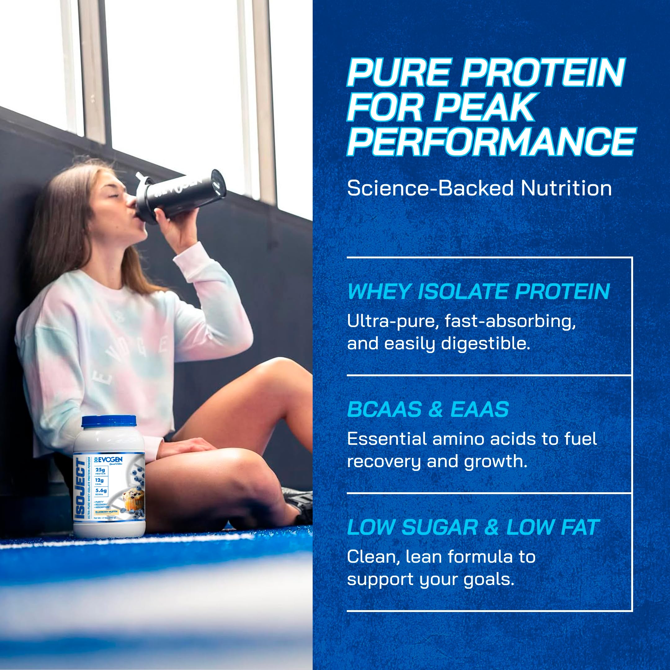 Evogen Isoject supplies BCAAs and EAAs to support workout recovery.