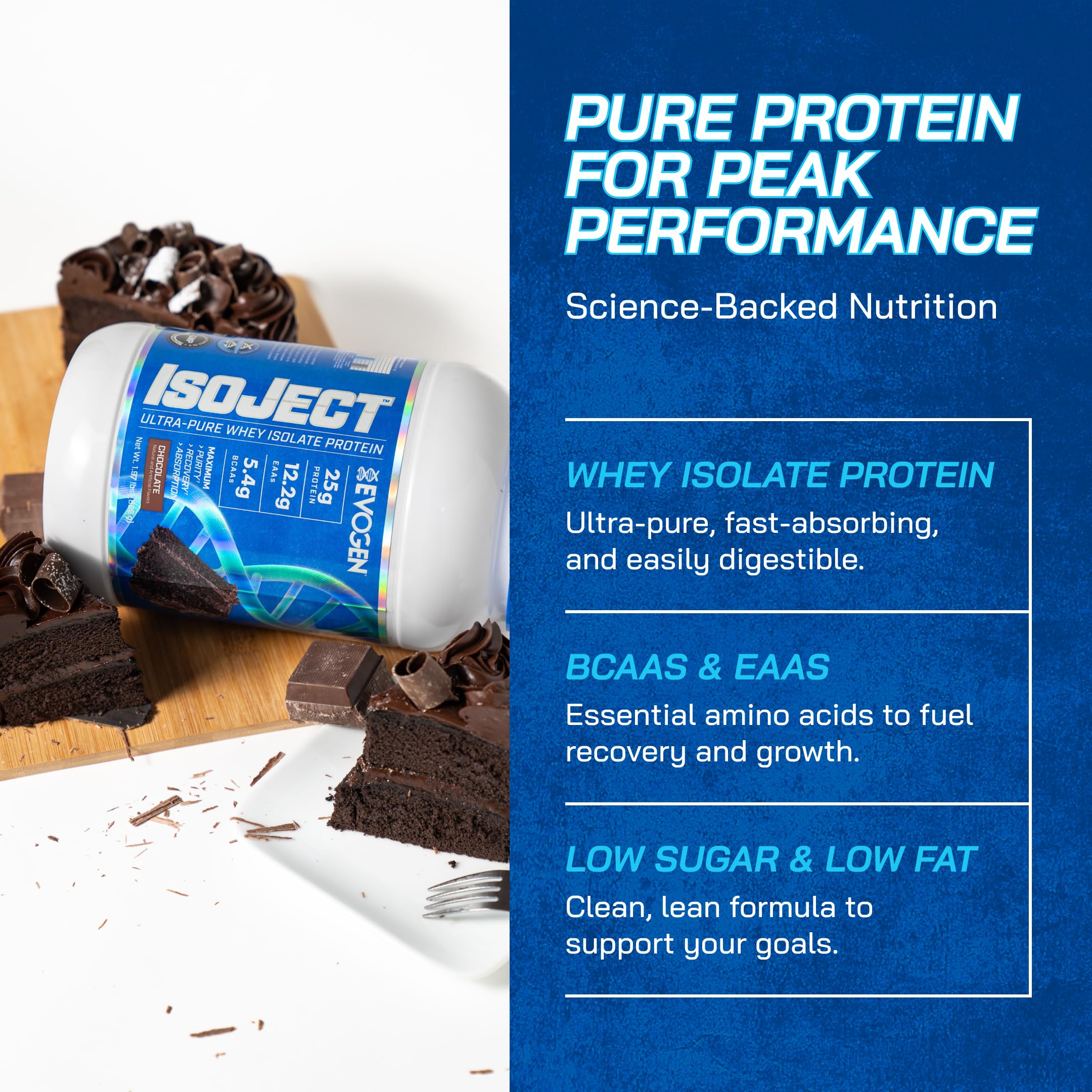Evogen Isoject chocolate scoop highlighting easy mixing and dosing