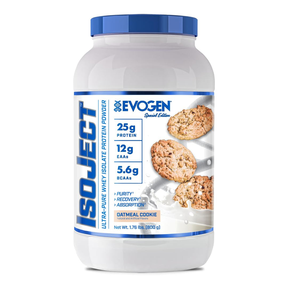 Evogen Isoject whey protein isolate bottle highlights purity and quick absorption.
