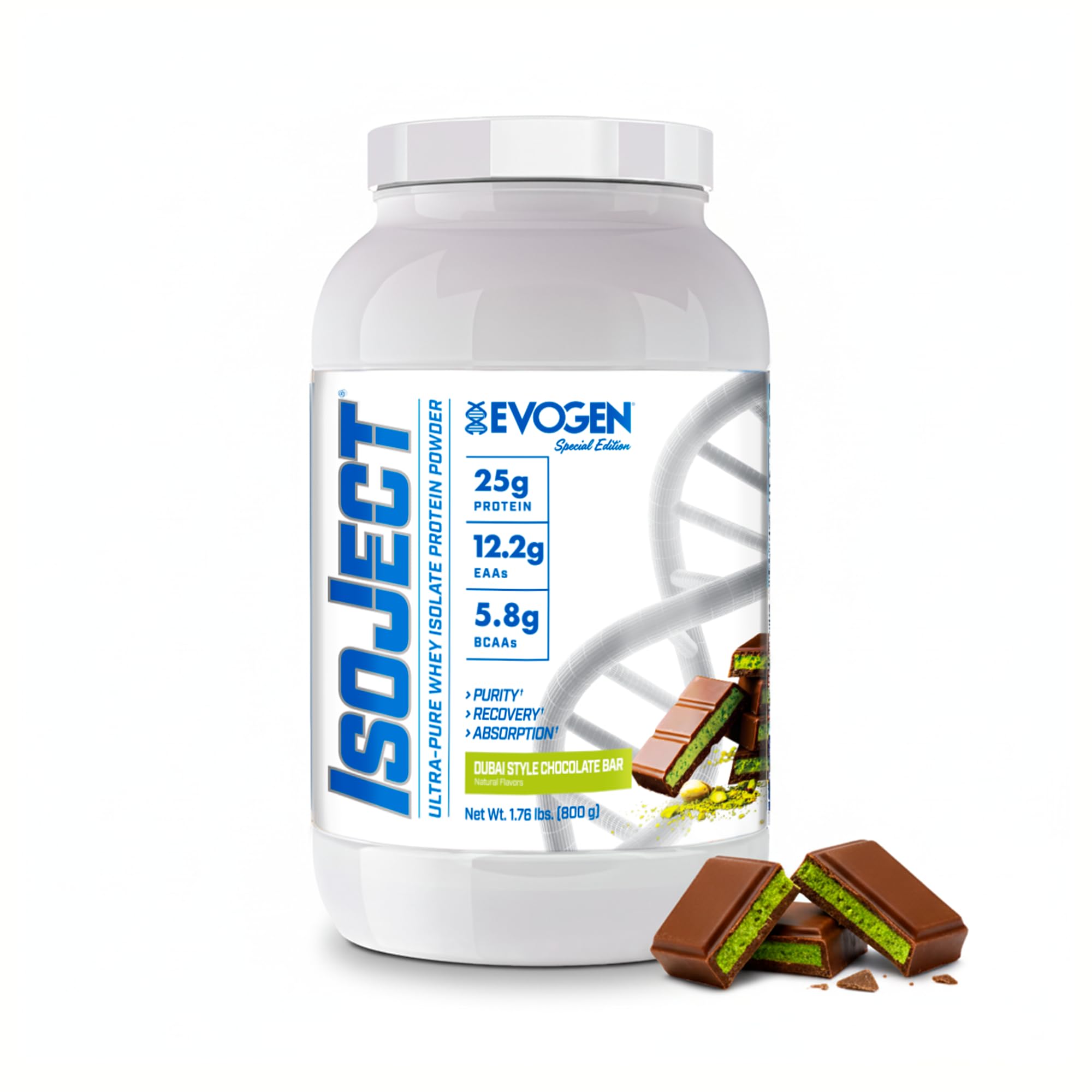Evogen Isoject Dubai chocolate jar showing premium whey isolate for post-workout recovery