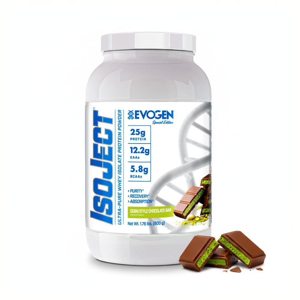 Evogen Isoject Dubai chocolate jar showing premium whey isolate for post-workout recovery