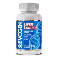 Evogen Liver Longer bottle front with capsules, highlighting premium liver support for daily wellbeing.