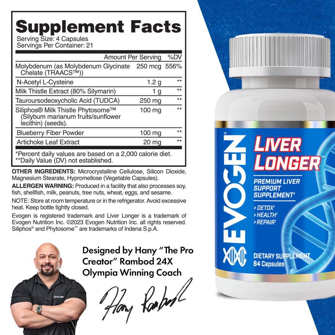 Evogen Liver Longer capsules close-up, premium NAC and Milk Thistle blend for liver health.